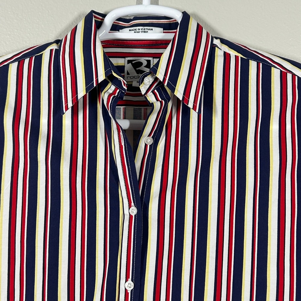 Rockies Mens Small Striped‎ Button Up Shirt Navy Red Yellow Long Sleeve Cuffs
